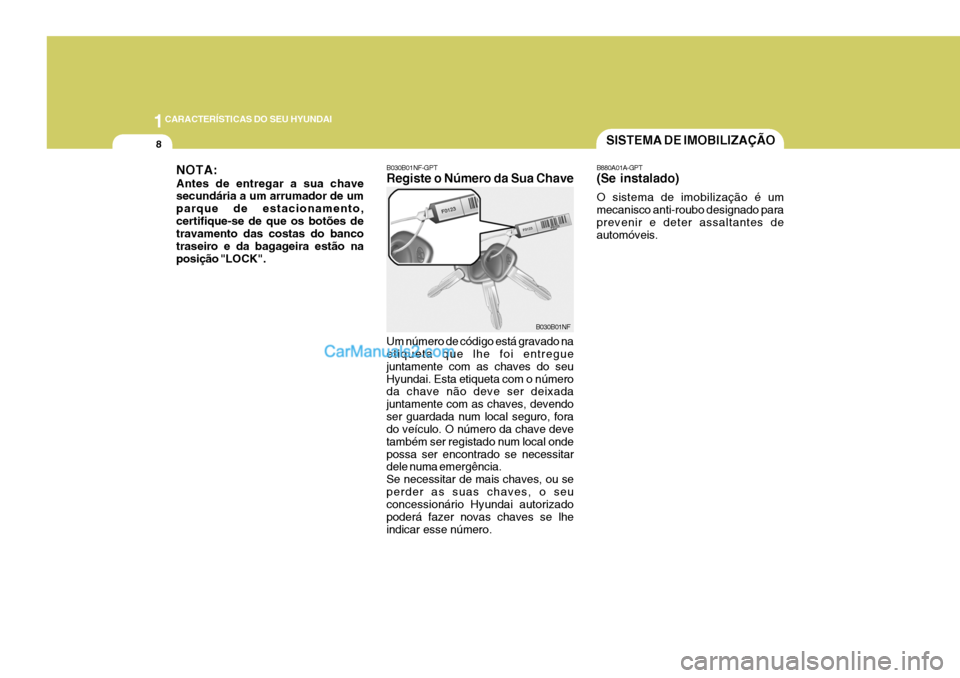 Hyundai Sonata 2007  Manual do proprietário (in Portuguese) 1CARACTERÍSTICAS DO SEU HYUNDAI
8SISTEMA DE IMOBILIZAÇÃO
B880A01A-GPT (Se instalado) O sistema de imobilização é um mecanisco anti-roubo designado paraprevenir e deter assaltantes de automóveis
