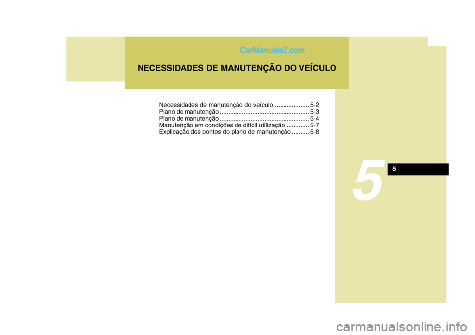 Hyundai Sonata 2007  Manual do proprietário (in Portuguese) 5
NECESSIDADES DE MANUTENÇÃO DO VEÍCULO
5
Necessidades de manutenção do veículo .................... 5-2 
Plano de manutenção .................................................... 5-3
Plano de 