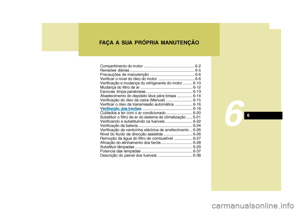 Hyundai Sonata 2007  Manual do proprietário (in Portuguese) FAÇA A SUA PRÓPRIA MANUTENÇÃO
6
6
Compartimento do motor ............................................... 6-2 
Revisões diárias ............................................................ 6-5
Pr