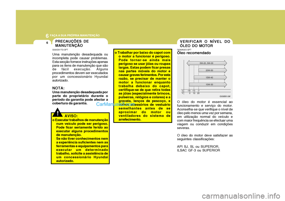 Hyundai Sonata 2007 Manual do proprietário (in Portuguese) 6 FAÇA A SUA PRÓPRIA MANUTENÇÃO
6
G030B01JM
G030A02O-GPT
Óleo recomendado VERIFICAR O NÍVEL DO ÓLEO DO MOTOR
O óleo do motor é essencial ao funcionamento e serviço do motor.Aconselha-se que Hyundai Sonata 2007 Manual do proprietário (in Portuguese) 6 FAÇA A SUA PRÓPRIA MANUTENÇÃO
6
G030B01JM
G030A02O-GPT
Óleo recomendado VERIFICAR O NÍVEL DO ÓLEO DO MOTOR
O óleo do motor é essencial ao funcionamento e serviço do motor.Aconselha-se que