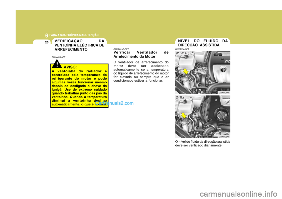 Hyundai Sonata 2007  Manual do proprietário (in Portuguese) 6 FAÇA A SUA PRÓPRIA MANUTENÇÃO
26NÍVEL DO FLUÍDO DA DIRECÇÃO ASSISTIDA
G230A03A-GPT
G230A01NF
O nível do fluído da direcção assistida
deve ser verificado diariamente.
G230A02NF
(2.0/2.4L)