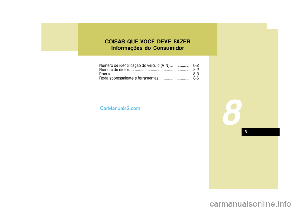 Hyundai Sonata 2007  Manual do proprietário (in Portuguese) 8
COISAS QUE VOCÊ DEVE FAZERInformações do Consumidor
8
Número de identificação do veículo (VIN) ..................... 8-2 
Número do motor ....................................................