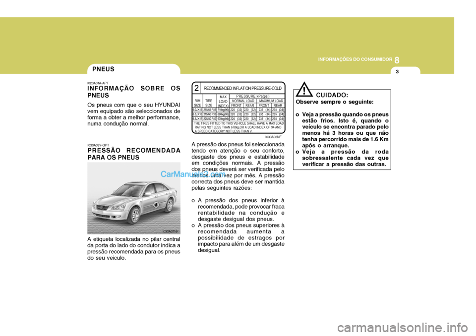 Hyundai Sonata 2007  Manual do proprietário (in Portuguese) 8
INFORMAÇÕES DO CONSUMIDOR
3PNEUS
CUIDADO:
Observe sempre o seguinte:
o Veja a pressão quando os pneus estão frios. Isto é, quando o veículo se encontra parado pelo menos há 3 horas ou que nã