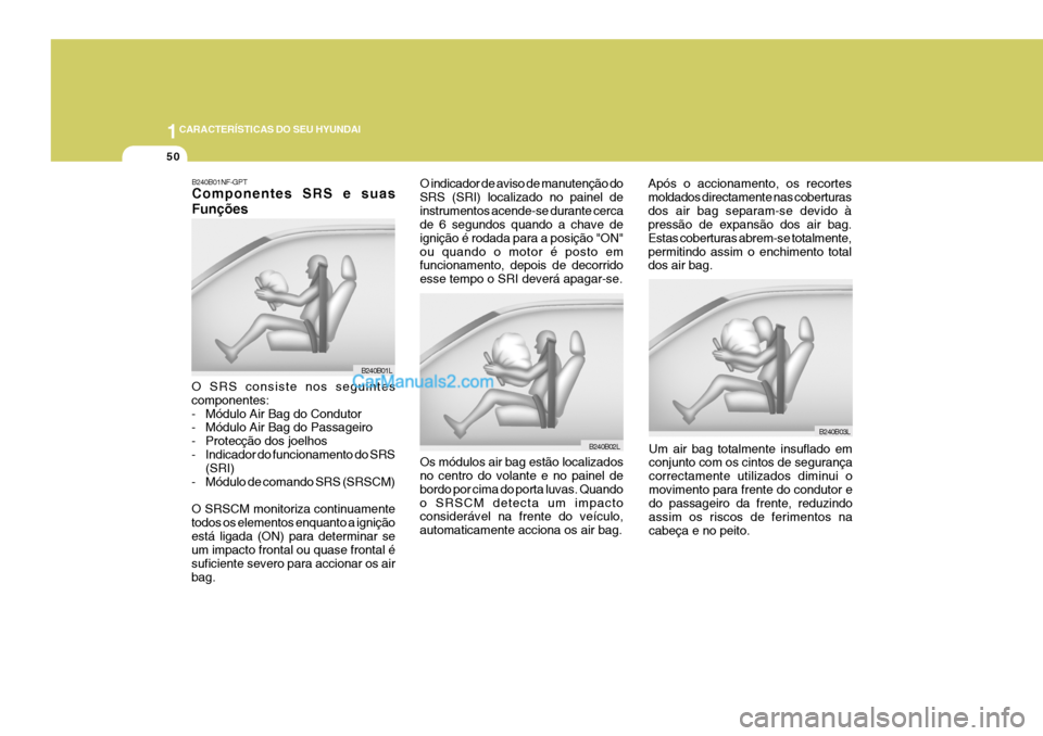 Hyundai Sonata 2007  Manual do proprietário (in Portuguese) 1CARACTERÍSTICAS DO SEU HYUNDAI
50
B240B03L
Após o accionamento, os recortes moldados directamente nas coberturasdos air bag separam-se devido à pressão de expansão dos air bag. Estas coberturas 