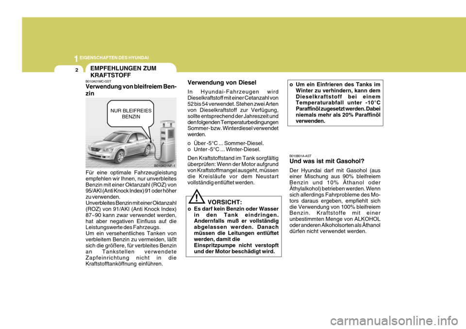 Hyundai Sonata 2006 Betriebsanleitung (in German) 1EIGENSCHAFTEN DES HYUNDAI
2
B010A01MC-GST Verwendung von bleifreiem Ben- zin Für eine optimale Fahrzeugleistung empfehlen wir Ihnen, nur unverbleitesBenzin mit einer Oktanzahl (ROZ) von 95/AKI (Anti Hyundai Sonata 2006 Betriebsanleitung (in German) 1EIGENSCHAFTEN DES HYUNDAI
2
B010A01MC-GST Verwendung von bleifreiem Ben- zin Für eine optimale Fahrzeugleistung empfehlen wir Ihnen, nur unverbleitesBenzin mit einer Oktanzahl (ROZ) von 95/AKI (Anti