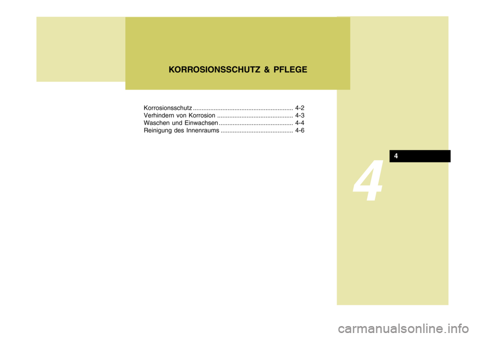 Hyundai Sonata 2006  Betriebsanleitung (in German) 4
Korrosionsschutz.......................................................... 4-2
Verhindern von Korrosion ............................................ 4-3 
Waschen und Einwachsen .....................