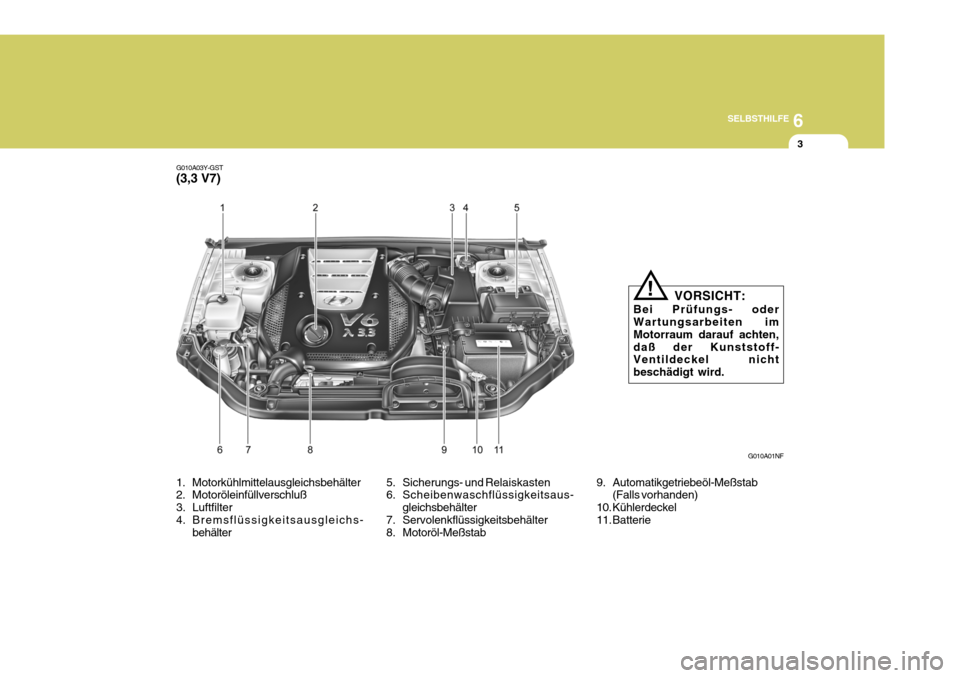 Hyundai Sonata 2006  Betriebsanleitung (in German) 6
SELBSTHILFE
3
G010A01NF
G010A03Y-GST (3,3 V7)
5. Sicherungs- und Relaiskasten 
6. Scheibenwaschflüssigkeitsaus-gleichsbehälter
7. Servolenkflüssigkeitsbehälter
8. Motoröl-Meßstab
1. Motorkühl