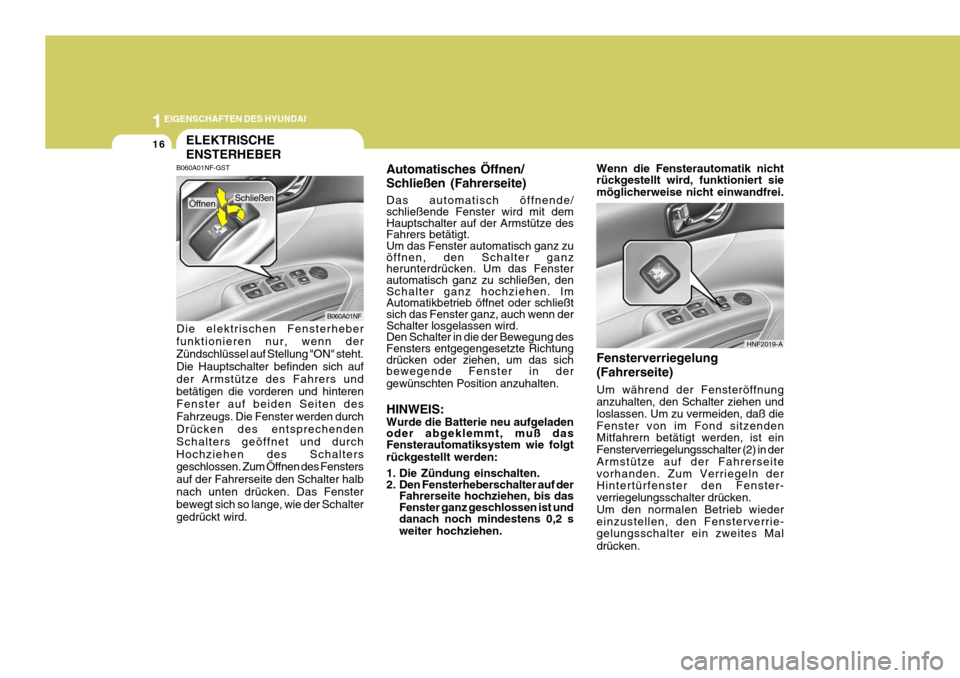 Hyundai Sonata 2006 Betriebsanleitung (in German) 1EIGENSCHAFTEN DES HYUNDAI
16ELEKTRISCHE ENSTERHEBER
B060A01NF-GST Die elektrischen Fensterheber funktionieren nur, wenn der Zündschlüssel auf Stellung "ON" steht. Die Hauptschalter befinden sich au Hyundai Sonata 2006 Betriebsanleitung (in German) 1EIGENSCHAFTEN DES HYUNDAI
16ELEKTRISCHE ENSTERHEBER
B060A01NF-GST Die elektrischen Fensterheber funktionieren nur, wenn der Zündschlüssel auf Stellung "ON" steht. Die Hauptschalter befinden sich au