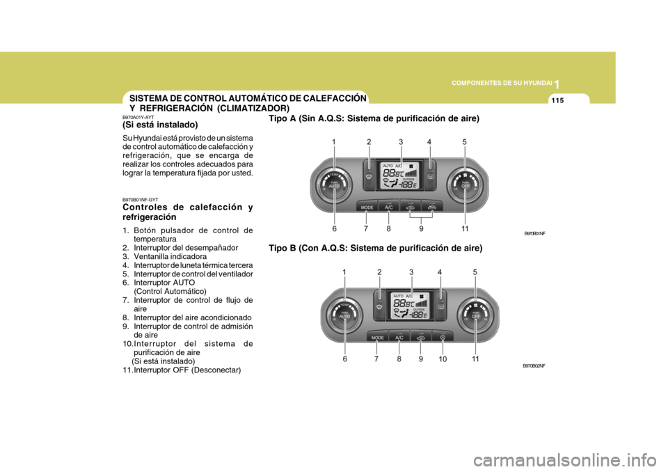 Hyundai Sonata 2006  Manual del propietario (in Spanish) 1
COMPONENTES DE SU HYUNDAI
115
B970B01NF-GYT Controles de calefacción y refrigeración 
1. Botón pulsador de control de temperatura
2. Interruptor del desempañador 
3. Ventanilla indicadora 
4. In