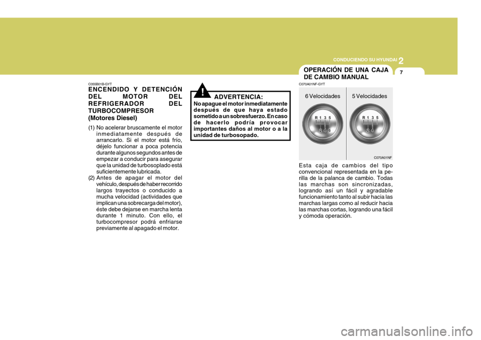 Hyundai Sonata 2006 Manual del propietario (in Spanish) 2
CONDUCIENDO SU HYUNDAI
7
C055B01B-GYT ENCENDIDO Y DETENCIÓN DEL MOTOR DELREFRIGERADOR DELTURBOCOMPRESOR(Motores Diesel)
(1) No acelerar bruscamente el motor inmediatamente después de arrancarlo. Hyundai Sonata 2006 Manual del propietario (in Spanish) 2
CONDUCIENDO SU HYUNDAI
7
C055B01B-GYT ENCENDIDO Y DETENCIÓN DEL MOTOR DELREFRIGERADOR DELTURBOCOMPRESOR(Motores Diesel)
(1) No acelerar bruscamente el motor inmediatamente después de arrancarlo.