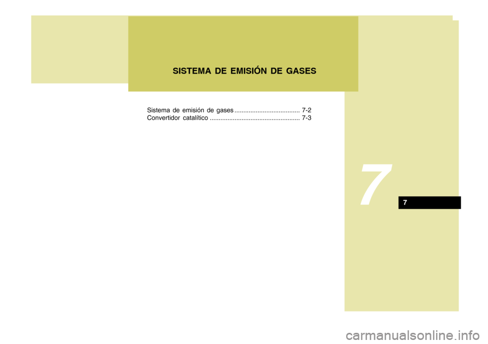 Hyundai Sonata 2006  Manual del propietario (in Spanish) Sistema de emisión de gases ..................................... 7-2 
Convertidor catalítico ................................................... 7-3
7
SISTEMA DE EMISIÓN DE GASES
7 