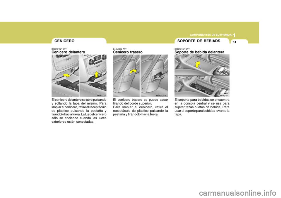 Hyundai Sonata 2006  Manual del propietario (in Spanish) 1
COMPONENTES DE SU HYUNDAI
81
B450A01NF-GYT Soporte de bebida delantera El soporte para bebidas se encuentra en la consola central y se usa para sujetar tazas o latas de bebida. Parausar el soporte p