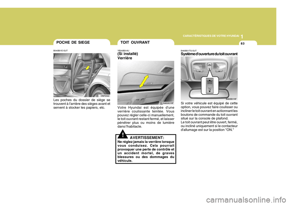 Hyundai Sonata 2006 Manuel du propriétaire (in French) 1
CARACTÉRISTIQUES DE VOTRE HYUNDAI
83
B460A01NF
!
YB240B3-AU (Si installé) Verrière Votre Hyundai est équipée dune verrière coulissante teintée. Vouspouvez régler celle-ci manuellement, le t Hyundai Sonata 2006 Manuel du propriétaire (in French) 1
CARACTÉRISTIQUES DE VOTRE HYUNDAI
83
B460A01NF
!
YB240B3-AU (Si installé) Verrière Votre Hyundai est équipée dune verrière coulissante teintée. Vouspouvez régler celle-ci manuellement, le t