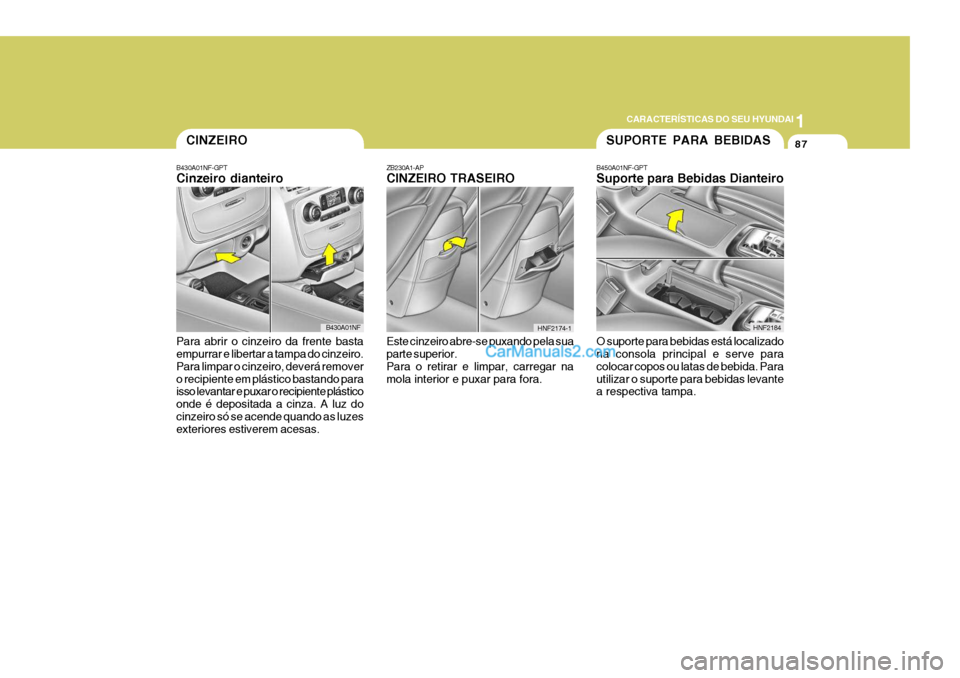 Hyundai Sonata 2006  Manual do proprietário (in Portuguese) 1
CARACTERÍSTICAS DO SEU HYUNDAI
87
B450A01NF-GPT Suporte para Bebidas Dianteiro O suporte para bebidas está localizado na consola principal e serve para colocar copos ou latas de bebida. Parautiliz
