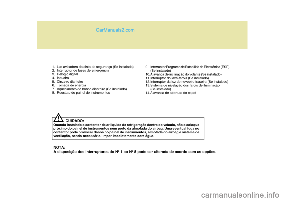 Hyundai Sonata 2006 Manual do proprietário (in Portuguese) 1. Luz avisadora do cinto de segurança (Se instalado)
2. Interruptor de luzes de emergéncia
3. Relógio digital
4. Isqueiro
5. Cinzeiro dianteiro
6. Tomada de energia
7. Aquecimento do banco dia Hyundai Sonata 2006 Manual do proprietário (in Portuguese) 1. Luz avisadora do cinto de segurança (Se instalado)
2. Interruptor de luzes de emergéncia
3. Relógio digital
4. Isqueiro
5. Cinzeiro dianteiro
6. Tomada de energia
7. Aquecimento do banco dia