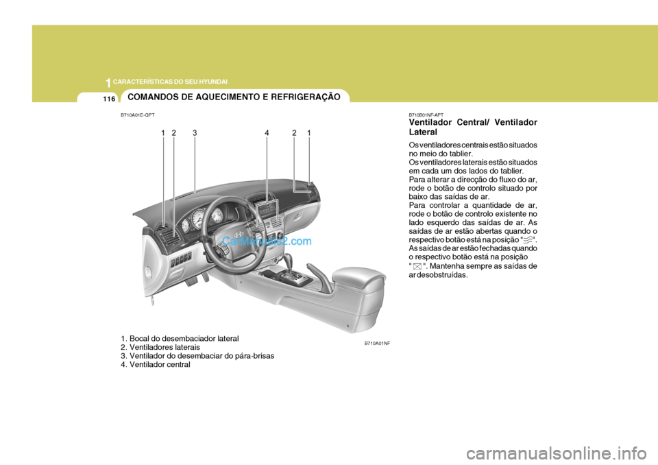 Hyundai Sonata 2006  Manual do proprietário (in Portuguese) 1CARACTERÍSTICAS DO SEU HYUNDAI
116COMANDOS DE AQUECIMENTO E REFRIGERAÇÃO
1. Bocal do desembaciador lateral 
2. Ventiladores laterais 
3. Ventilador do desembaciar do pára-brisas 
4. Ventilador ce