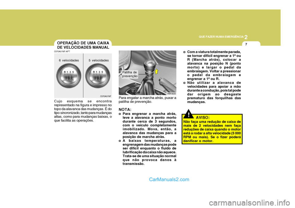 Hyundai Sonata 2006  Manual do proprietário (in Portuguese) 2
QUE FAZER NUMA EMERGÊNCIA
7
!
Para engatar a marcha atrás, puxar a patilha de prevenção. NOTA: 
o Para engrenar a marcha atrás,
leve a alavanca a ponto morto durante cerca de 3 segundos, com o 