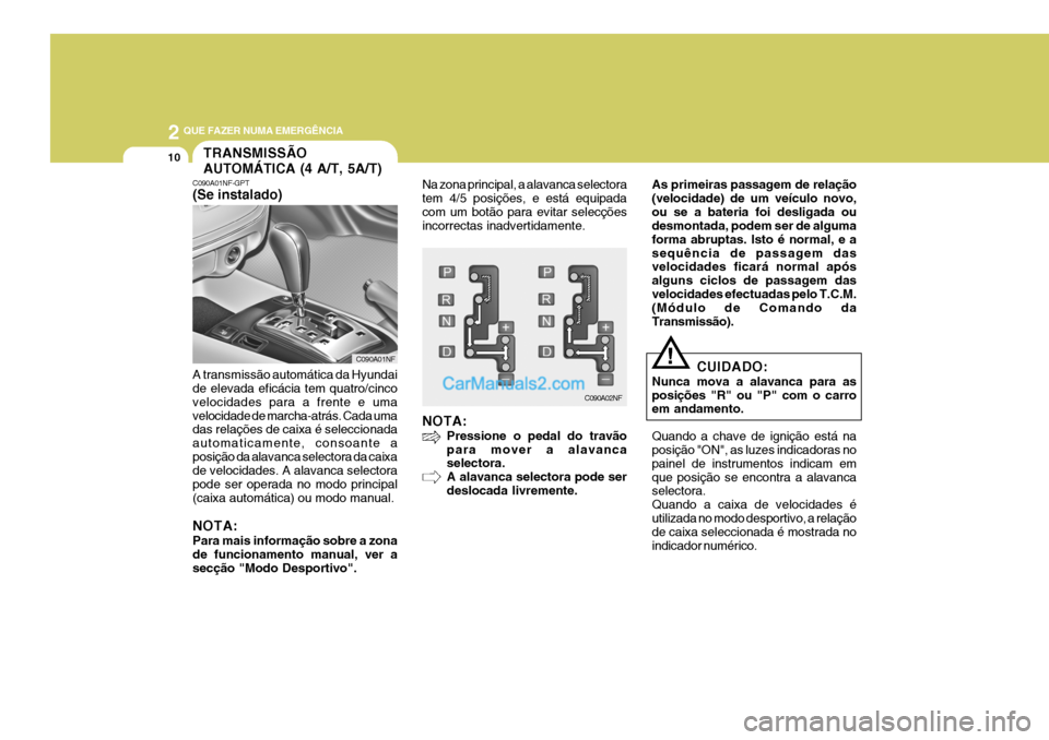 Hyundai Sonata 2006  Manual do proprietário (in Portuguese) 2 QUE FAZER NUMA EMERGÊNCIA
10TRANSMISSÃO AUTOMÁTICA (4 A/T, 5A/T)
C090A01NF-GPT (Se instalado) A transmissão automática da Hyundai de elevada eficácia tem quatro/cinco velocidades para a frente
