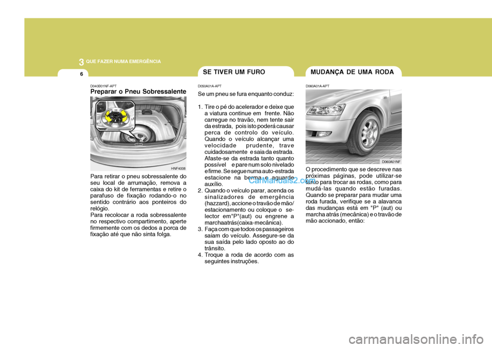 Hyundai Sonata 2006  Manual do proprietário (in Portuguese) 3 QUE FAZER NUMA EMERGÊNCIA
6MUDANÇA DE UMA RODASE TIVER UM FURO
D060A01A-APT O procedimento que se descreve nas próximas páginas, pode utilizar-se tanto para trocar as rodas, como para mudá-las 