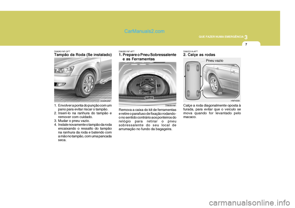 Hyundai Sonata 2006  Manual do proprietário (in Portuguese) 3
QUE FAZER NUMA EMERGÊNCIA
7
D060K01NF-GPT Tampão da Roda (Se instalado) D060C01A-APT2. Calçe as rodas Calçe a roda diagonalmente oposta à furada, para evitar que o veículo semova quando for le