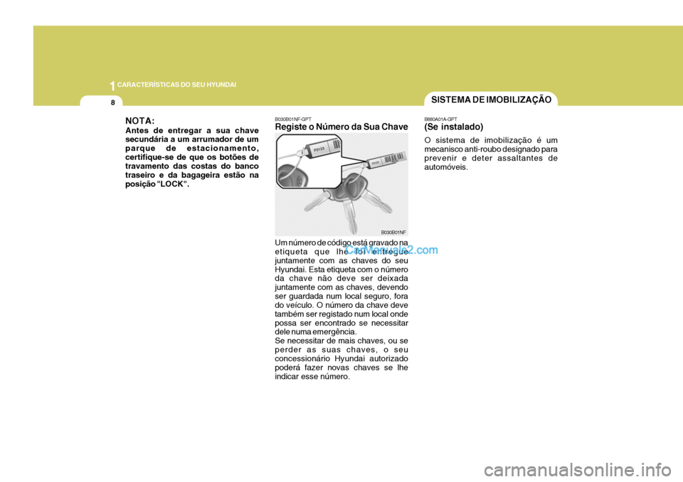 Hyundai Sonata 2006  Manual do proprietário (in Portuguese) 1CARACTERÍSTICAS DO SEU HYUNDAI
8SISTEMA DE IMOBILIZAÇÃO
B880A01A-GPT (Se instalado) O sistema de imobilização é um mecanisco anti-roubo designado paraprevenir e deter assaltantes de automóveis