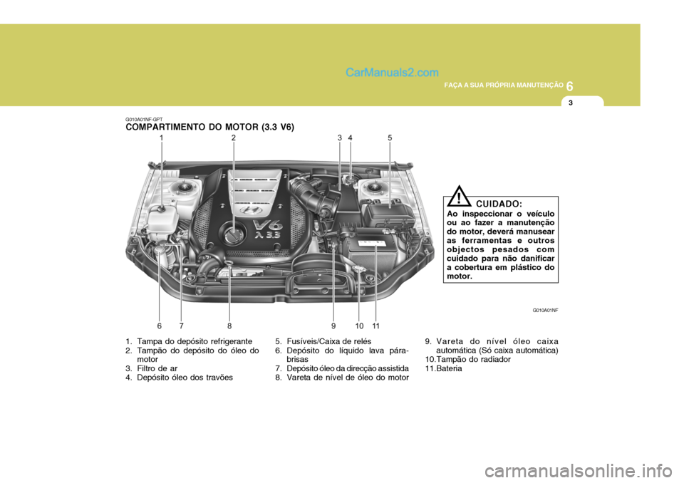 Hyundai Sonata 2006  Manual do proprietário (in Portuguese) 6
 FAÇA A SUA PRÓPRIA MANUTENÇÃO
3
G010A01NF-GPT
COMPARTIMENTO DO MOTOR (3.3 V6)
G010A01NF
CUIDADO:
Ao inspeccionar o veículo ou ao fazer a manutenção do motor, deverá manusearas ferramentas e