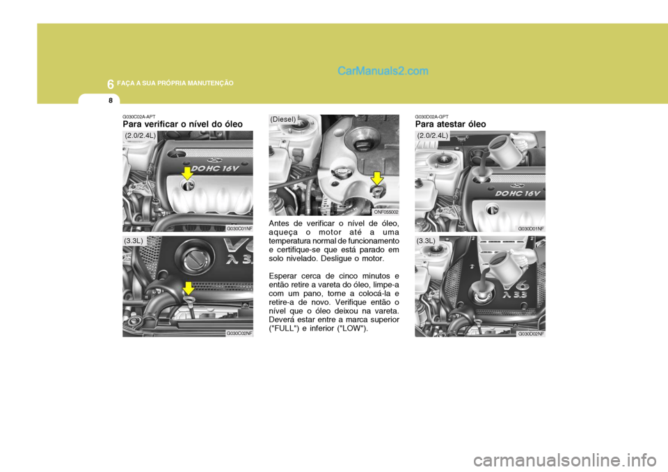 Hyundai Sonata 2006  Manual do proprietário (in Portuguese) 6 FAÇA A SUA PRÓPRIA MANUTENÇÃO
8
G030D02A-GPT
Para atestar óleo
G030D01NF
Antes de verificar o nível de óleo, aqueça o motor até a umatemperatura normal de funcionamento e certifique-se que 