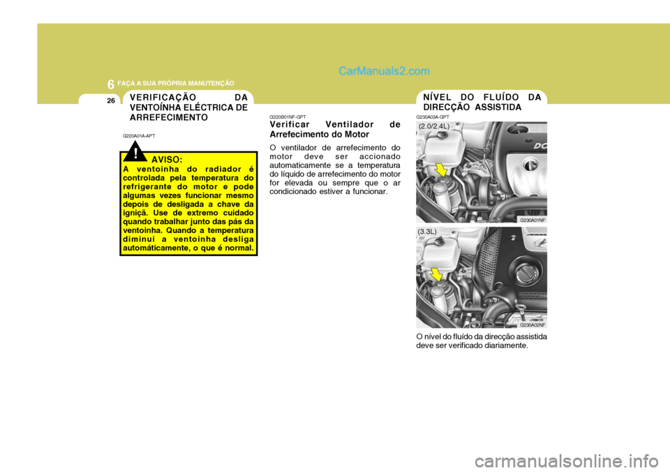 Hyundai Sonata 2006  Manual do proprietário (in Portuguese) 6 FAÇA A SUA PRÓPRIA MANUTENÇÃO
26NÍVEL DO FLUÍDO DA DIRECÇÃO ASSISTIDA
G230A03A-GPT
G230A01NF
O nível do fluído da direcção assistida
deve ser verificado diariamente.
G230A02NF
(2.0/2.4L)