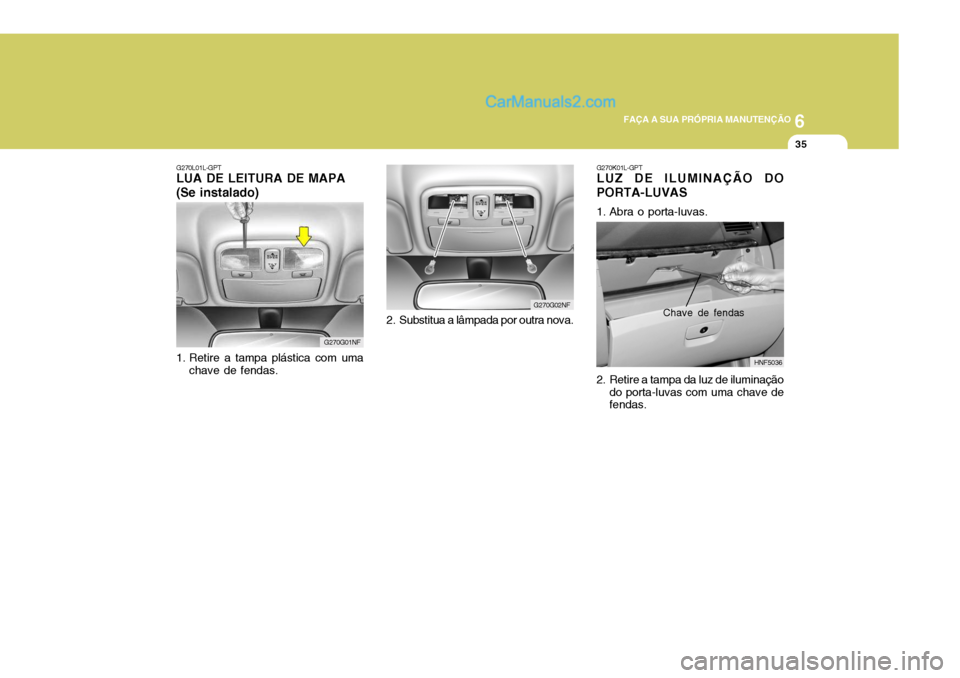 Hyundai Sonata 2006  Manual do proprietário (in Portuguese) 6
 FAÇA A SUA PRÓPRIA MANUTENÇÃO
35
G270K01L-GPT LUZ DE ILUMINAÇÃO DO PORTA-LUVAS 
1. Abra o porta-luvas. 
2. Retire a tampa da luz de iluminação
do porta-luvas com uma chave de fendas. HNF503