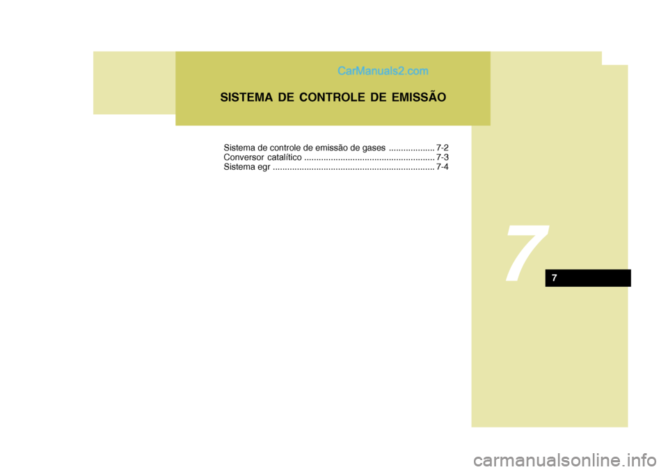 Hyundai Sonata 2006  Manual do proprietário (in Portuguese) 7
SISTEMA DE CONTROLE DE EMISSÃO
7
Sistema de controle de emissão de gases ................... 7-2 
Conversor catalítico ...................................................... 7-3
Sistema egr .....