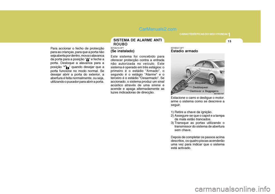 Hyundai Sonata 2006  Manual do proprietário (in Portuguese) 1
CARACTERÍSTICAS DO SEU HYUNDAI
15
Para accionar o fecho de protecção para as crianças, para que a porta nãoseja aberta por dentro, mova o alavancada porta para a posição "
" e feche a
porta. 