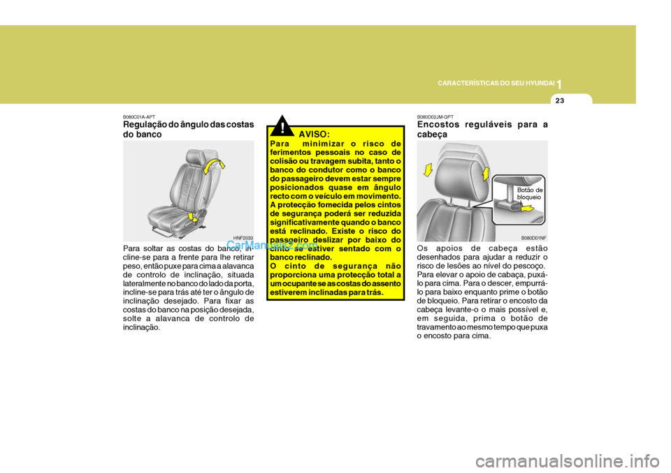 Hyundai Sonata 2006 Manual do proprietário (in Portuguese) 1
CARACTERÍSTICAS DO SEU HYUNDAI
23
B080C01A-APT Regulação do ângulo das costas do banco Para soltar as costas do banco, in- cline-se para a frente para lhe retirar peso, então puxe para cima a a Hyundai Sonata 2006 Manual do proprietário (in Portuguese) 1
CARACTERÍSTICAS DO SEU HYUNDAI
23
B080C01A-APT Regulação do ângulo das costas do banco Para soltar as costas do banco, in- cline-se para a frente para lhe retirar peso, então puxe para cima a a