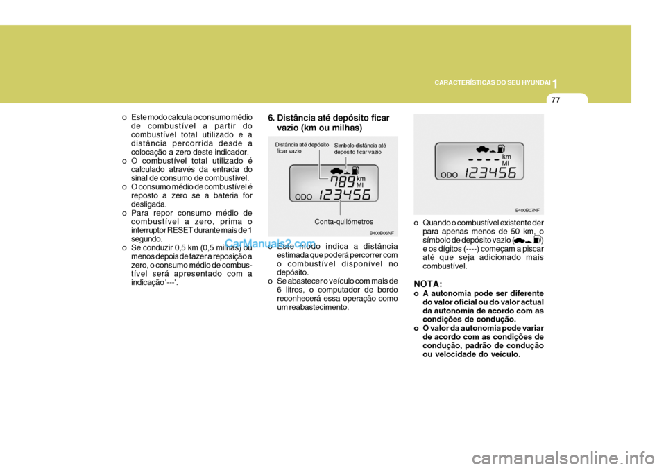 Hyundai Sonata 2006 Manual do proprietário (in Portuguese) 1
CARACTERÍSTICAS DO SEU HYUNDAI
77
o Quando o combustível existente der
para apenas menos de 50 km, o símbolo de depósito vazio ( )e os dígitos (----) começam a piscar at Hyundai Sonata 2006 Manual do proprietário (in Portuguese) 1
CARACTERÍSTICAS DO SEU HYUNDAI
77
o Quando o combustível existente der
para apenas menos de 50 km, o símbolo de depósito vazio ( )e os dígitos (----) começam a piscar at
