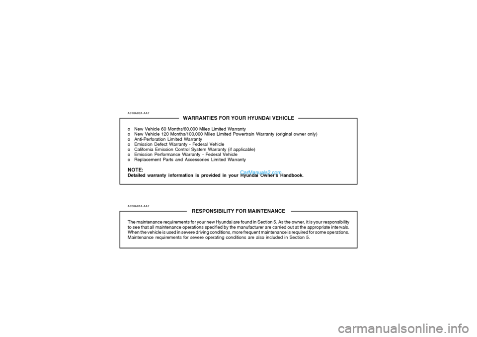 Hyundai Sonata 2005  Owners Manual A010A02A-AAT
WARRANTIES FOR YOUR HYUNDAI VEHICLE
o New Vehicle 60 Months/60,000 Miles Limited Warranty
o New Vehicle 120 Months/100,000 Miles Limited Powertrain Warranty (original owner only)
o Anti-P