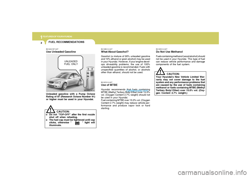 Hyundai Sonata 2005 Owners Manual 1FEATURES OF YOUR HYUNDAI2
B010A01NF-A
FUEL RECOMMENDATIONS
CAUTION:
Your Hyundais New Vehicle Limited War-
ranty may not cover damage to the fuel
system and any performance problems that
are caused Hyundai Sonata 2005 Owners Manual 1FEATURES OF YOUR HYUNDAI2
B010A01NF-A
FUEL RECOMMENDATIONS
CAUTION:
Your Hyundais New Vehicle Limited War-
ranty may not cover damage to the fuel
system and any performance problems that
are caused