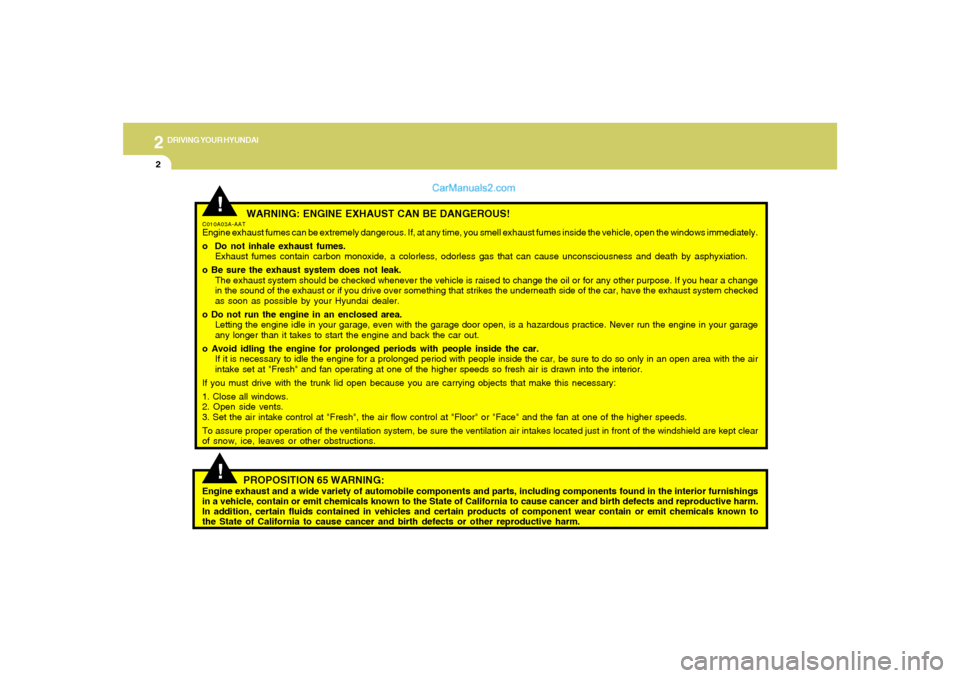 Hyundai Sonata 2005  Owners Manual 2
DRIVING YOUR HYUNDAI
2
 WARNING: ENGINE EXHAUST CAN BE DANGEROUS!
C010A03A-AATEngine exhaust fumes can be extremely dangerous. If, at any time, you smell exhaust fumes inside the vehicle, open the w