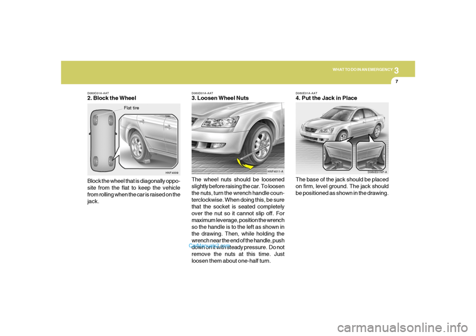 Hyundai Sonata 2005  Owners Manual 3
WHAT TO DO IN AN EMERGENCY
7
D060C01A-AAT2. Block the Wheel
Block the wheel that is diagonally oppo-
site from the flat to keep the vehicle
from rolling when the car is raised on the
jack.
HNF4009
F