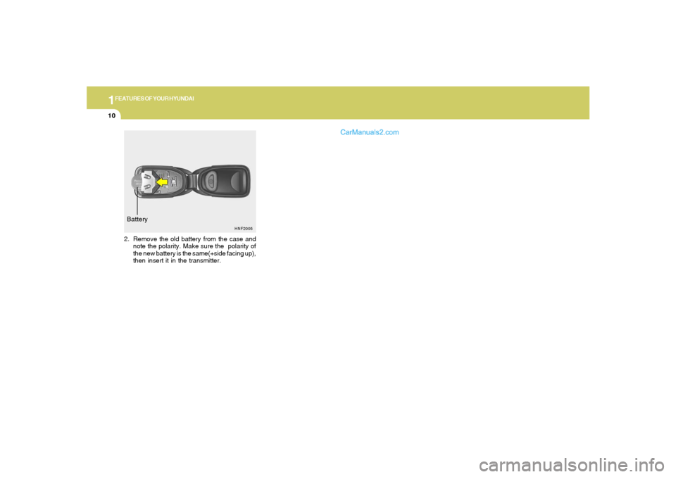 Hyundai Sonata 2005  Owners Manual 1FEATURES OF YOUR HYUNDAI10
HNF2005
Battery
2. Remove the old battery from the case and
note the polarity. Make sure the  polarity of
the new battery is the same(+side facing up),
then insert it in th
