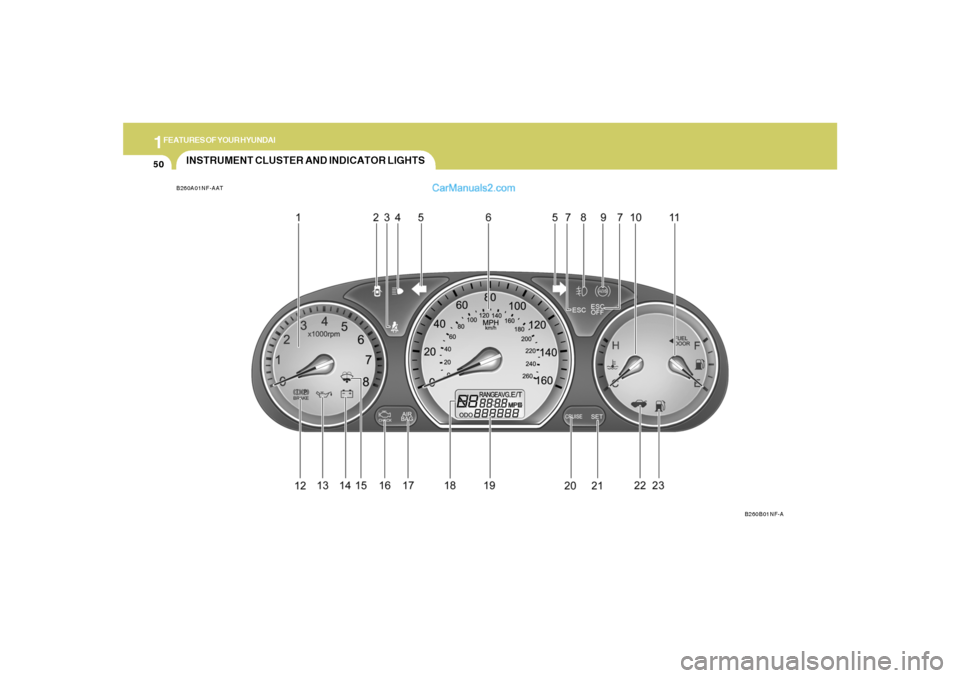 Hyundai Sonata 2005  Owners Manual 1FEATURES OF YOUR HYUNDAI50
INSTRUMENT CLUSTER AND INDICATOR LIGHTSB260A01NF-AAT
B260B01NF-A  