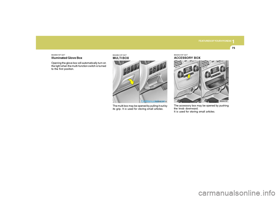 Hyundai Sonata 2005  Owners Manual 1
FEATURES OF YOUR HYUNDAI
75
B500A01NF-GATACCESSORY BOXThe accessory box may be opened by pushing
the knob downward.
It is used for storing small articles.
B500A01NF
B500B01HP-DATMULTI BOXThe multi b