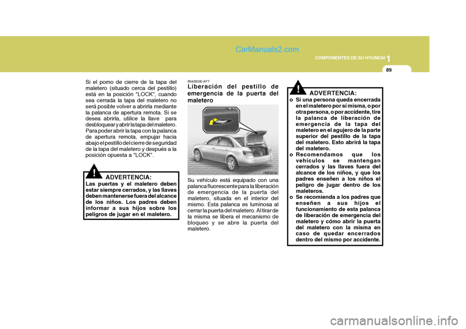 Hyundai Sonata 2005 Manual del propietario (in Spanish) 1
COMPONENTES DE SU HYUNDAI
89
HNF2016
B540B03E-AYT Liberación del pestillo de emergencia de la puerta delmaletero Su vehículo está equipado con una palanca fluorescente para la liberación de emer Hyundai Sonata 2005 Manual del propietario (in Spanish) 1
COMPONENTES DE SU HYUNDAI
89
HNF2016
B540B03E-AYT Liberación del pestillo de emergencia de la puerta delmaletero Su vehículo está equipado con una palanca fluorescente para la liberación de emer