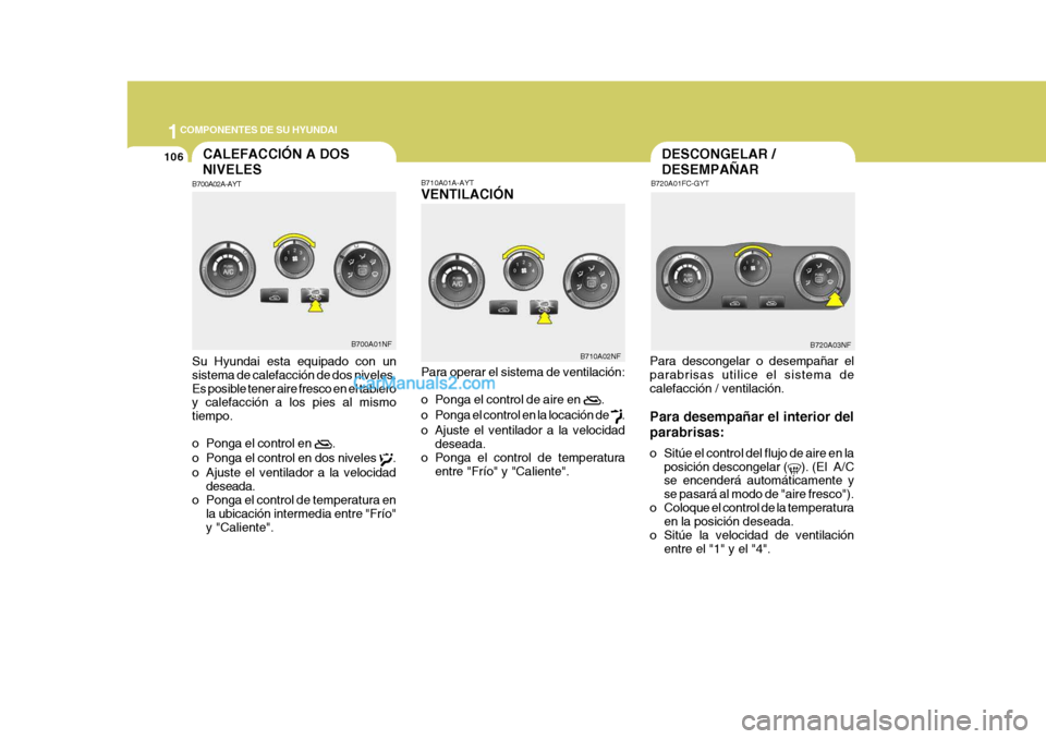 Hyundai Sonata 2005 Manual del propietario (in Spanish) 1COMPONENTES DE SU HYUNDAI
106DESCONGELAR / DESEMPAÑAR
B720A01FC-GYT
Para descongelar o desempañar el parabrisas utilice el sistema decalefacción / ventilación. Para desempañar el interior del pa Hyundai Sonata 2005 Manual del propietario (in Spanish) 1COMPONENTES DE SU HYUNDAI
106DESCONGELAR / DESEMPAÑAR
B720A01FC-GYT
Para descongelar o desempañar el parabrisas utilice el sistema decalefacción / ventilación. Para desempañar el interior del pa