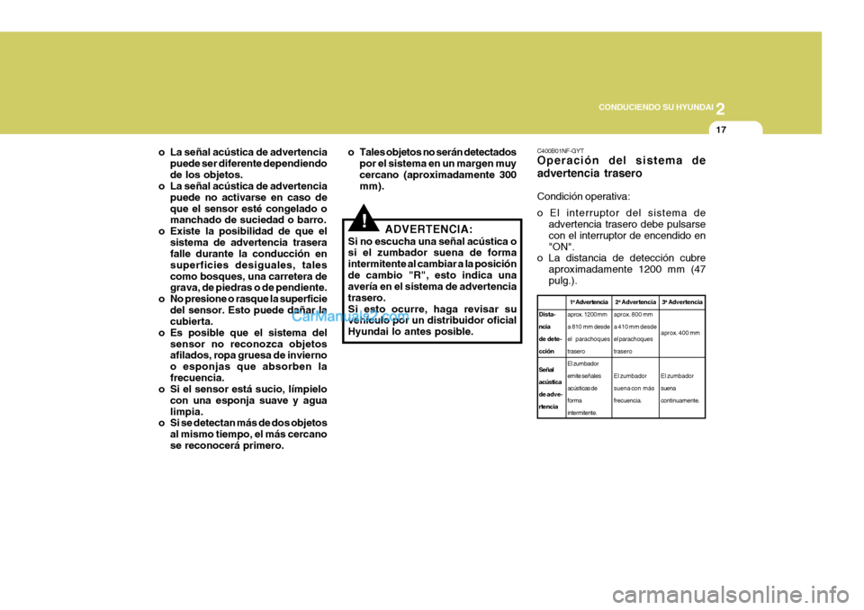 Hyundai Sonata 2005 Manual del propietario (in Spanish) 2
CONDUCIENDO SU HYUNDAI
17
!
o La señal acústica de advertencia
puede ser diferente dependiendo de los objetos.
o La señal acústica de advertencia
puede no activarse en caso deque el sensor est Hyundai Sonata 2005 Manual del propietario (in Spanish) 2
CONDUCIENDO SU HYUNDAI
17
!
o La señal acústica de advertencia
puede ser diferente dependiendo de los objetos.
o La señal acústica de advertencia
puede no activarse en caso deque el sensor est