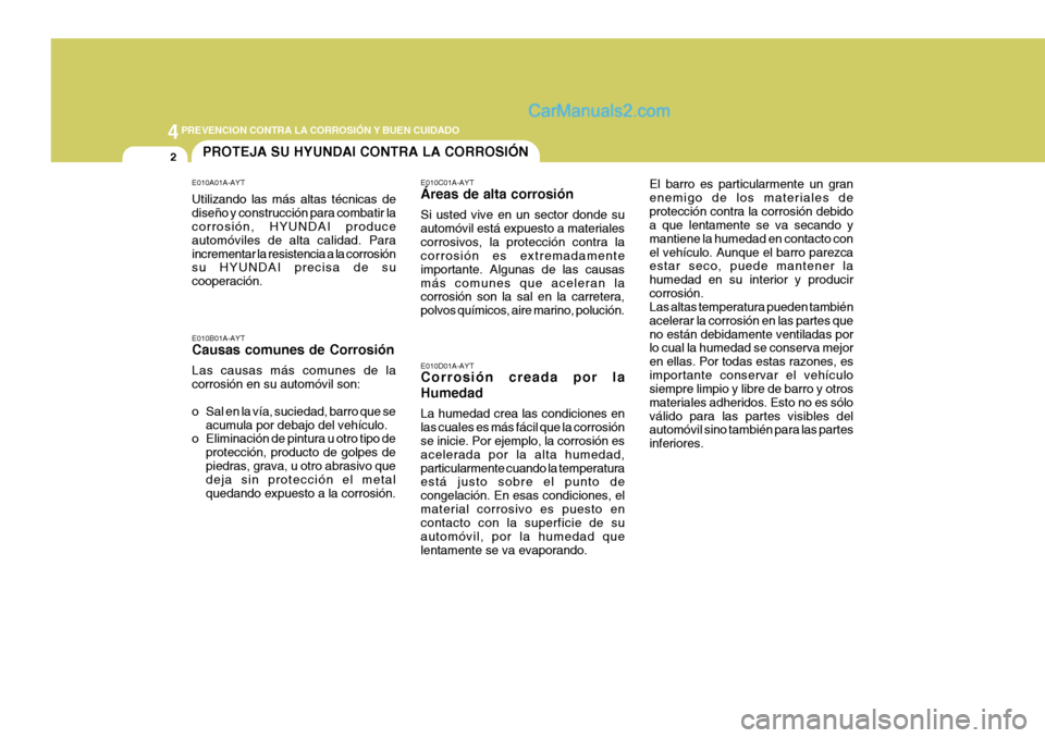 Hyundai Sonata 2005 Manual del propietario (in Spanish) 44PREVENCION CONTRA LA CORROSIÓN Y BUEN CUIDADO
2PROTEJA SU HYUNDAI CONTRA LA CORROSIÓN
E010A01A-AYT Utilizando las más altas técnicas de diseño y construcción para combatir la corrosión, HYUND Hyundai Sonata 2005 Manual del propietario (in Spanish) 44PREVENCION CONTRA LA CORROSIÓN Y BUEN CUIDADO
2PROTEJA SU HYUNDAI CONTRA LA CORROSIÓN
E010A01A-AYT Utilizando las más altas técnicas de diseño y construcción para combatir la corrosión, HYUND