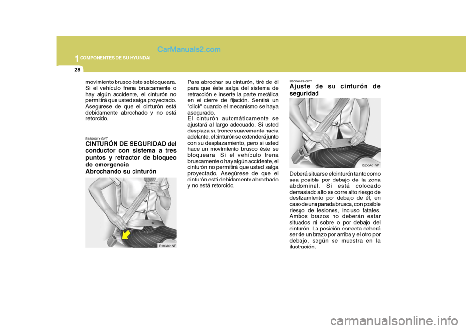 Hyundai Sonata 2005 Manual del propietario (in Spanish) 1COMPONENTES DE SU HYUNDAI
28
movimiento brusco éste se bloqueara. Si el vehículo frena bruscamente ohay algún accidente, el cinturón no permitirá que usted salga proyectado. Asegúrese de que el Hyundai Sonata 2005 Manual del propietario (in Spanish) 1COMPONENTES DE SU HYUNDAI
28
movimiento brusco éste se bloqueara. Si el vehículo frena bruscamente ohay algún accidente, el cinturón no permitirá que usted salga proyectado. Asegúrese de que el