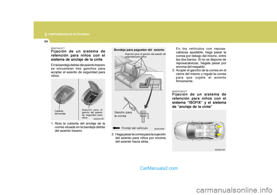 Hyundai Sonata 2005 Manual del propietario (in Spanish) 1COMPONENTES DE SU HYUNDAI
34
B230C02NF
Bondeja para paguetes del asiento
Gancho para la correa
Frontal del vehículo
2. Haga pasar la correa para la sujeción
del asiento para niños por encima del Hyundai Sonata 2005 Manual del propietario (in Spanish) 1COMPONENTES DE SU HYUNDAI
34
B230C02NF
Bondeja para paguetes del asiento
Gancho para la correa
Frontal del vehículo
2. Haga pasar la correa para la sujeción
del asiento para niños por encima del