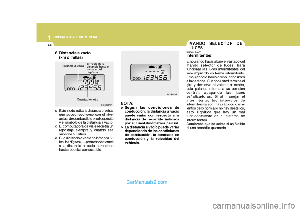 Hyundai Sonata 2005 Manual del propietario (in Spanish) 1COMPONENTES DE SU HYUNDAI
66
B340A01A-AYT Intermitentes: Empujando hacia abajo el vástago del mando selector de luces, haráfuncionar las luces intermitentes del lado izquierdo en forma intermitente Hyundai Sonata 2005 Manual del propietario (in Spanish) 1COMPONENTES DE SU HYUNDAI
66
B340A01A-AYT Intermitentes: Empujando hacia abajo el vástago del mando selector de luces, haráfuncionar las luces intermitentes del lado izquierdo en forma intermitente