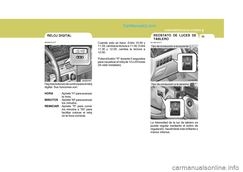 Hyundai Sonata 2005  Manual del propietario (in Spanish) 1
COMPONENTES DE SU HYUNDAI
73
B400A01E-AYT
Hay tres botones de control para el reloj digital. Sus funciones son: HORA - Apriete "H" para avanzar
la hora.
MINUTOS - Apriete "M" para avanzar
los minuto