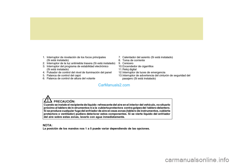 Hyundai Sonata 2005 Manual del propietario (in Spanish) 1. Interruptor de nivelación de los focos principales(Si está instalado)
2. Interruptor de la luz antiniebla trasera (Si está instalado)
3. Interruptor del programa de estabilidad electrónico (Si Hyundai Sonata 2005 Manual del propietario (in Spanish) 1. Interruptor de nivelación de los focos principales(Si está instalado)
2. Interruptor de la luz antiniebla trasera (Si está instalado)
3. Interruptor del programa de estabilidad electrónico (Si