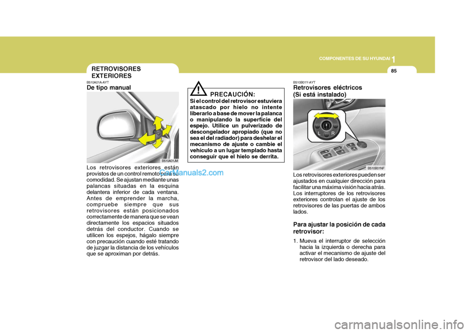 Hyundai Sonata 2005 Manual del propietario (in Spanish) 1
COMPONENTES DE SU HYUNDAI
85
PRECAUCIÓN:
Si el control del retrovisor estuviera atascado por hielo no intente liberarlo a base de mover la palancao manipulando la superficie del espejo. Utilice un Hyundai Sonata 2005 Manual del propietario (in Spanish) 1
COMPONENTES DE SU HYUNDAI
85
PRECAUCIÓN:
Si el control del retrovisor estuviera atascado por hielo no intente liberarlo a base de mover la palancao manipulando la superficie del espejo. Utilice un